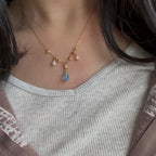 Necklace with a blue pendant worn by a person